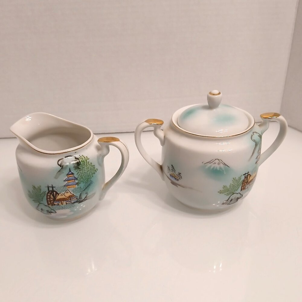 Vintage Nippon Hand Painted China Double Handle Sugar Bowl With Lid & Creamer